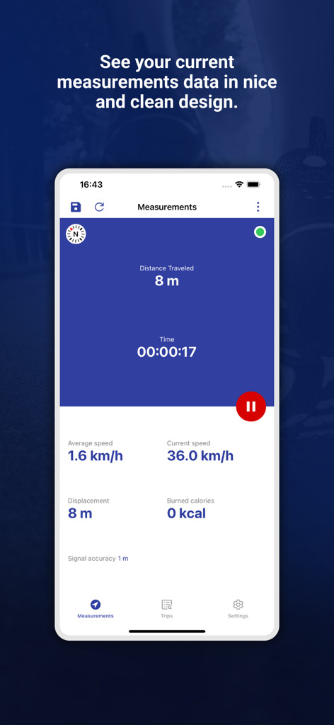 My GPS Odometer - Aplicación Mi Odómetro GPS mostrando el seguimiento en tiempo real de distancia, velocidad y tiempo.