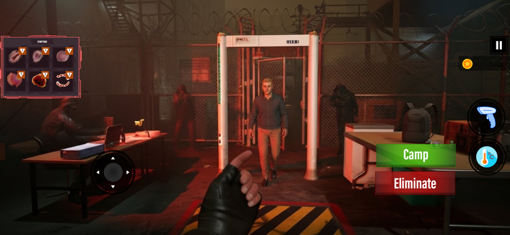 Gameplay montrant un survivant scanné pour les symptômes d'infection à un point de contrôle de quarantaine