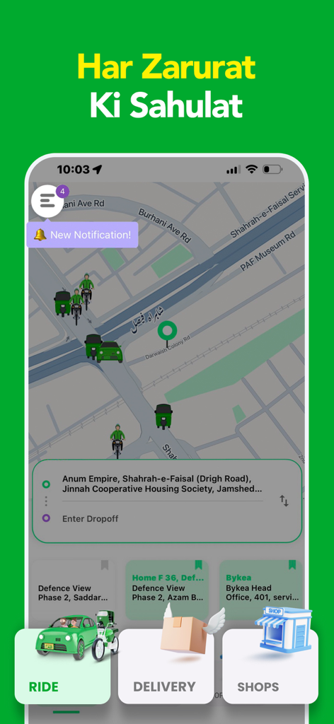 Bykea: Rides & Delivery App - Bykea app interface showing real-time vehicle tracking on a map with ride and delivery options