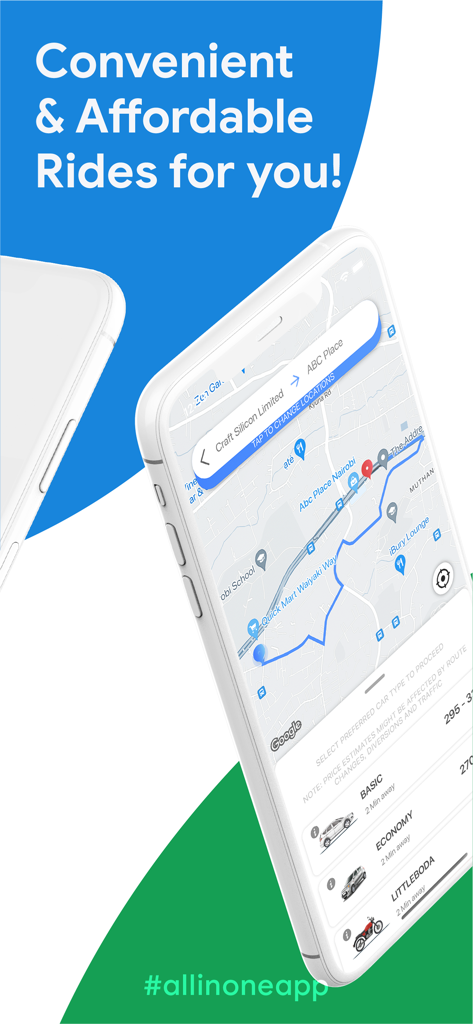 Little Ride - Smartphone displaying the Little Ride app interface showing a route on a map and different ride options like Basic and Economy.