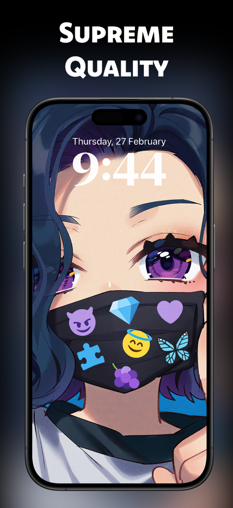 High resolution anime girl wallpaper on an iPhone lock screen featuring a character with a decorated face mask.