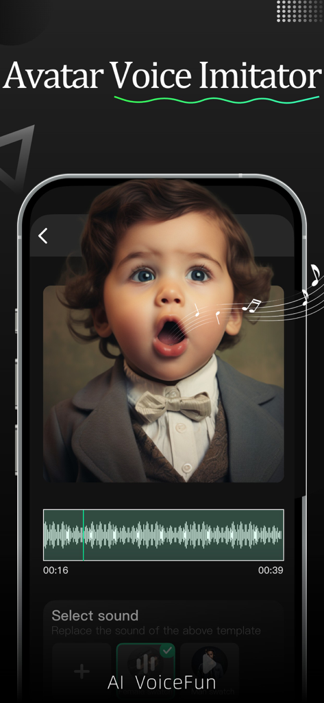Interface of the VoiceFun app featuring the Avatar Voice Imitator with an AI-generated child avatar singing.