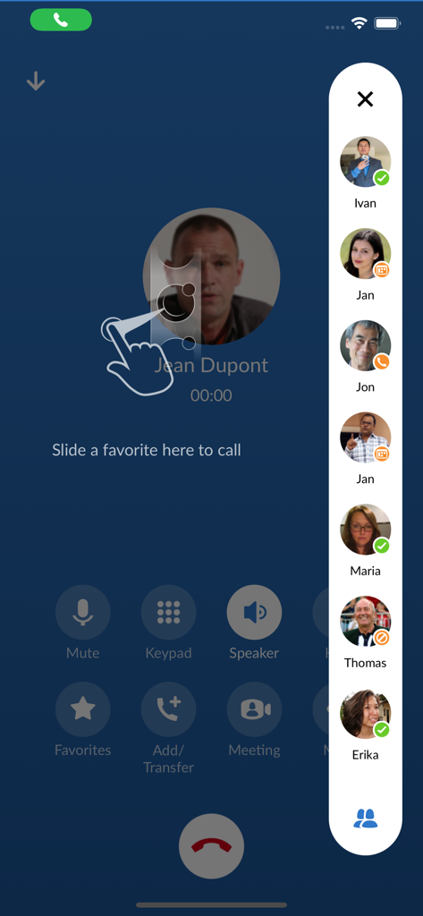 MaX UC - MaX UC mobile app call screen showing a drag and drop feature to call favorite contacts