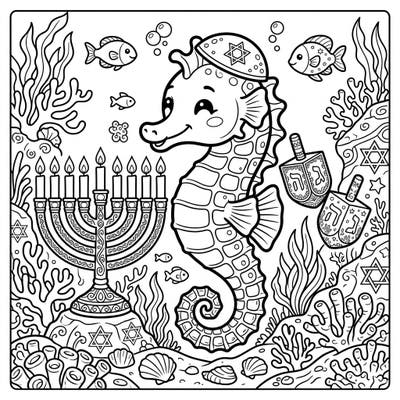 Dive into a magical Hanukkah celebration with this adorable dwarf seahorse coloring page. Featuring festive symbols like menorahs and dreidels in a vibrant underwater setting, it offers a delightful creative escape for all ages.