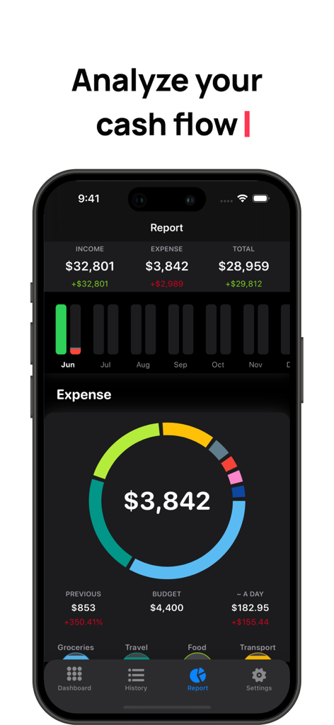 Budget OK app screen showing financial report dashboard with spending charts and cash flow analysis