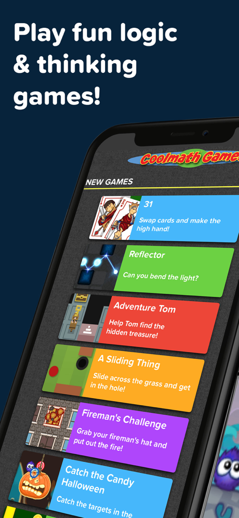 Coolmath Games: Fun Mini Games - Una selección de mini juegos de lógica y pensamiento mostrados en la pantalla de un smartphone dentro de la aplicación Coolmath Games
