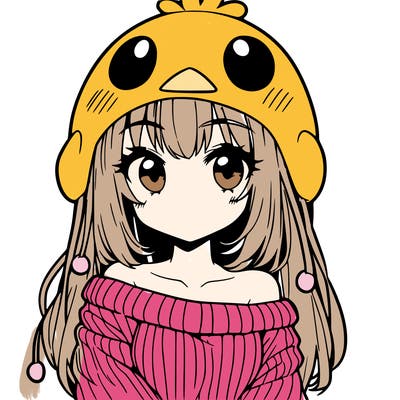 anime girl with chick shaped hat with sweater with bare shoulders with bangs covering them one eye with low tail