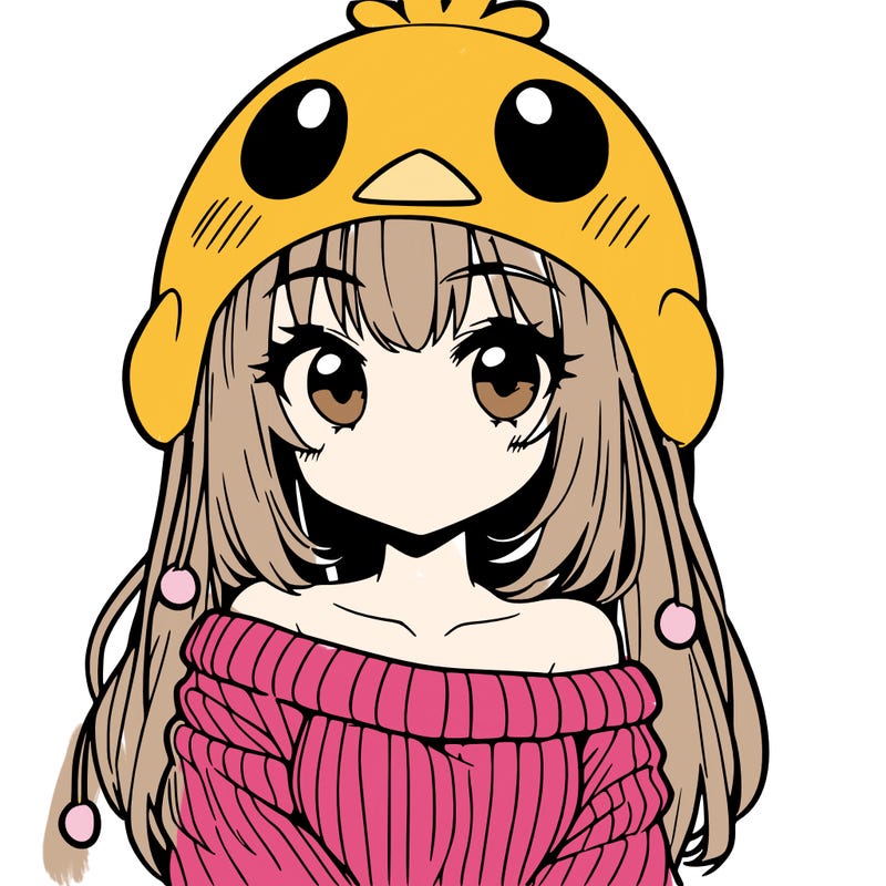 anime girl with chick shaped hat with sweater with bare shoulders with bangs covering them one eye with low tail