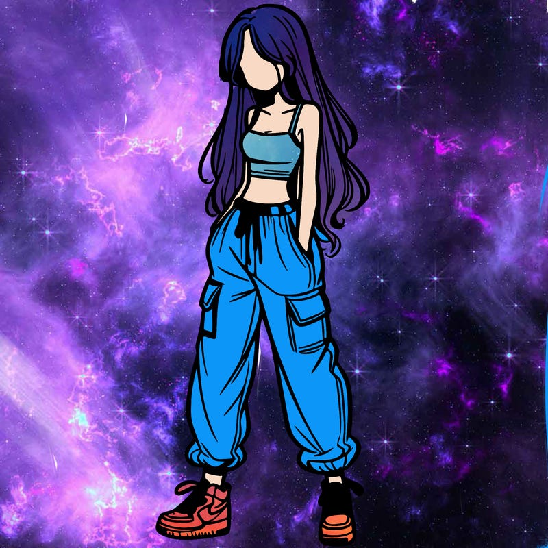 girl in baggy pants crop top and long hair