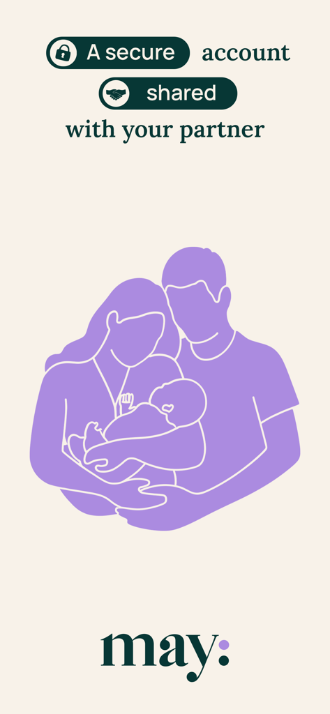 May – Baby, parents - パートナーと共有される安全なアカウントを強調するテキストと共に、赤ちゃんを抱く母親と父親のイラスト