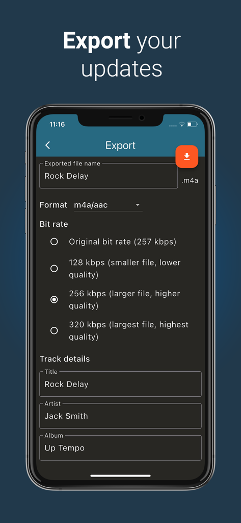 Up Tempo: Pitch, Speed Changer - Up Tempoアプリのエクスポートインターフェース。ファイル名形式、ビットレート、メタデータの設定を表示