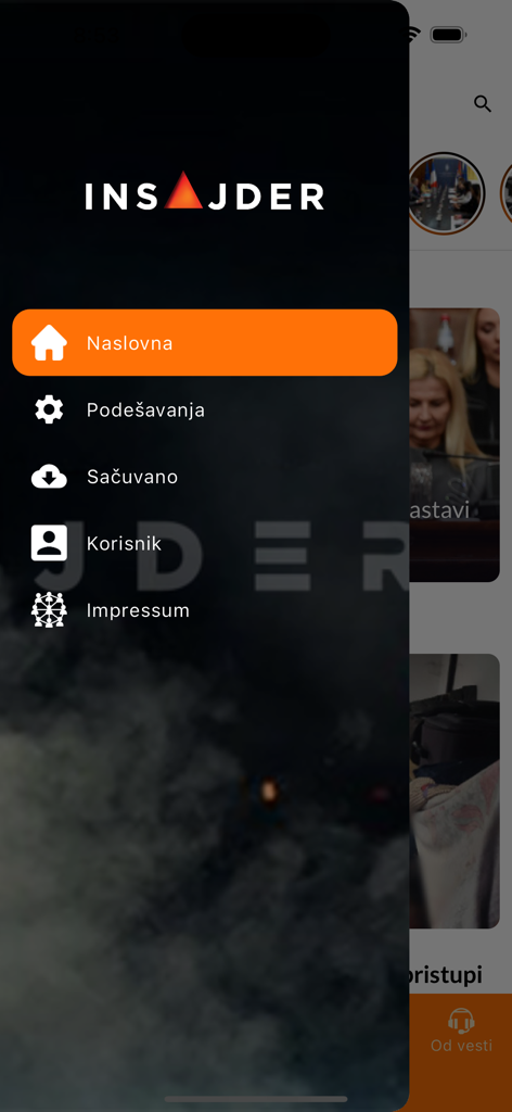 Insajder - The side navigation menu of the Insajder news app displaying options for home settings and saved articles in Serbian.