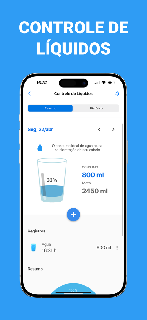 Water tracking interface in the Alimente-se app showing daily hydration progress and goal.