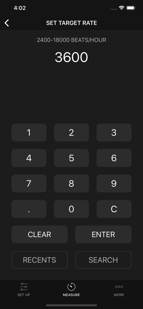 ClockMaster - Time Regulator - ClockMaster app interface showing the set target rate screen with a numeric keypad for entering beats per hour