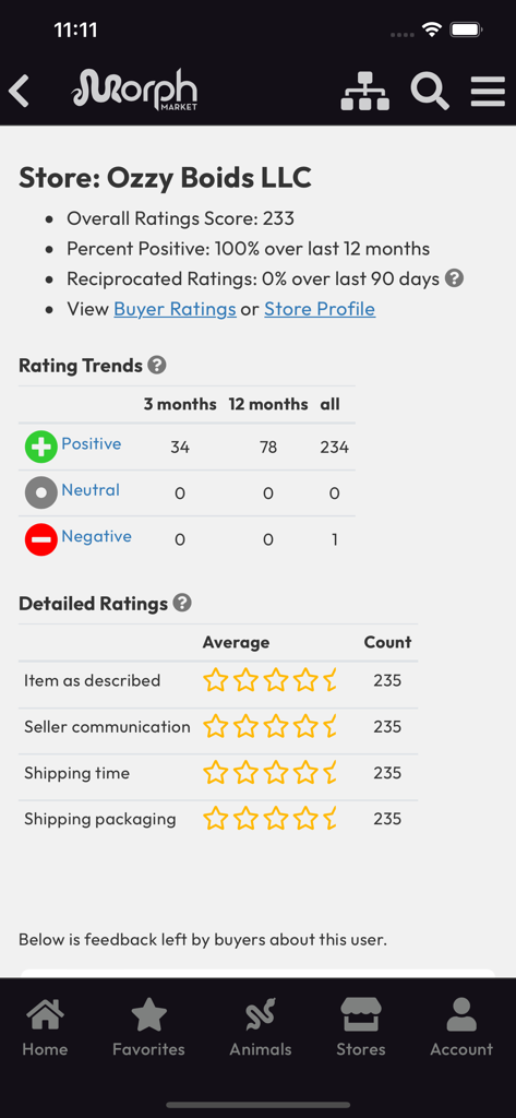 MorphMarket - MorphMarket Store-Profilseite mit detaillierten Züchterbewertungen und Feedback-Scores
