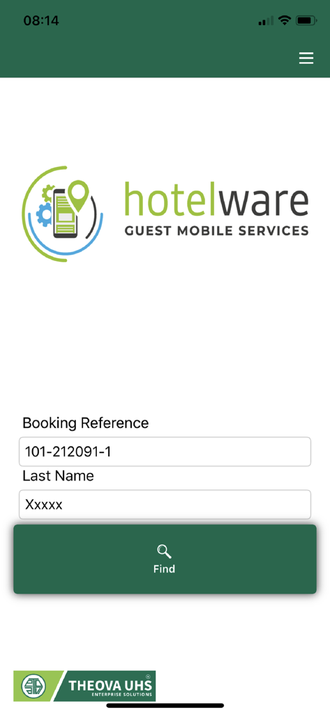 Theova Guest Mobile Services - Pantalla de búsqueda de reservas de Servicios Móviles para Huéspedes de HotelWare con campos de entrada para referencia de reserva y apellido
