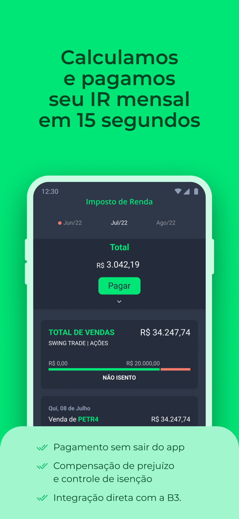 Grana - IR da bolsa automático - Smartphone mostrando la interfaz de la app Grana para calcular y pagar impuestos mensuales sobre inversiones en bolsa brasileña.