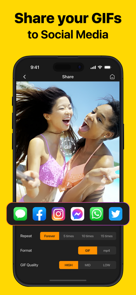 Interface of the GIF Maker app showing social media sharing icons and export settings for a custom GIF