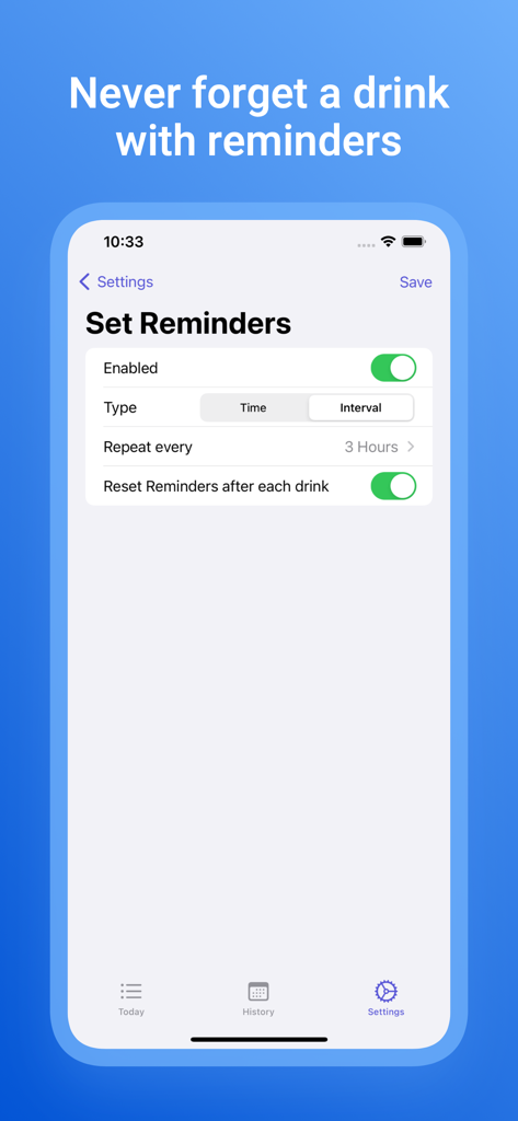 My Water Tracker+  Waterminder - Pantalla de configuración de recordatorios de hidratación en la aplicación My Water Tracker.