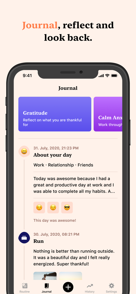 Smartphone screen showing the journal section of the Tangerine app with daily entries and reflection templates