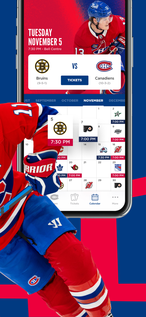 Montréal Canadiens - La aplicación oficial de los Canadiens de Montreal mostrando el calendario de partidos de la NHL y la vista de calendario