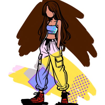 girl in baggy pants crop top and long hair