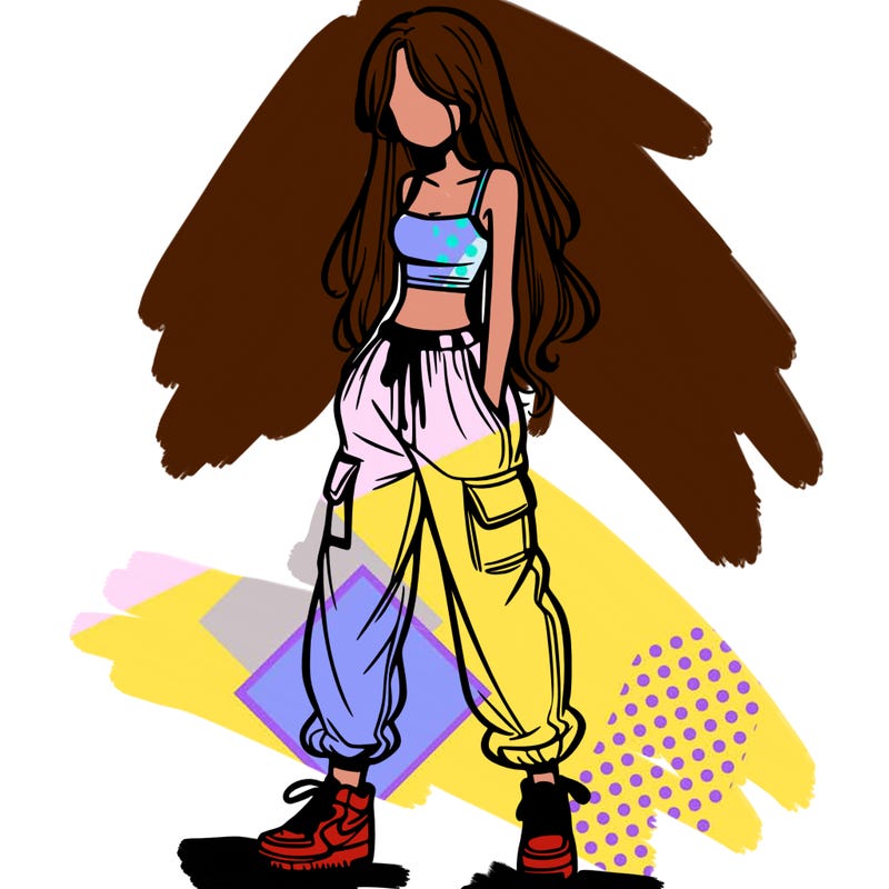 girl in baggy pants crop top and long hair