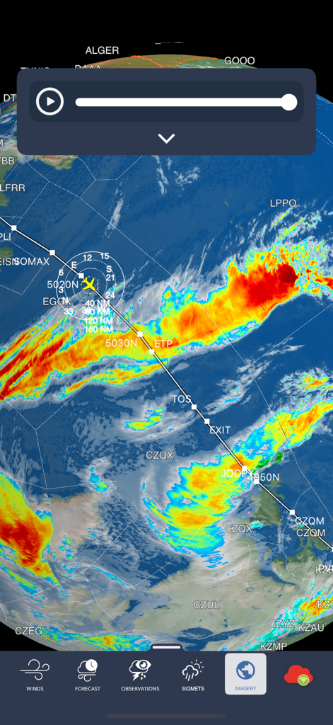 SITA eWAS for iPhone - Professional aviation weather map showing a flight path and thunderstorm activity in the SITA eWAS app
