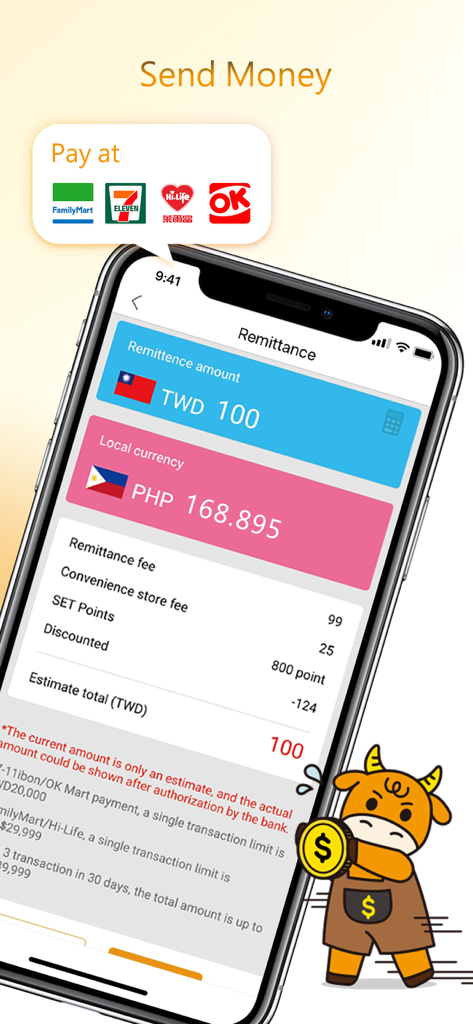 SET app screen showing TWD to PHP remittance with exchange rate and convenience store payment options