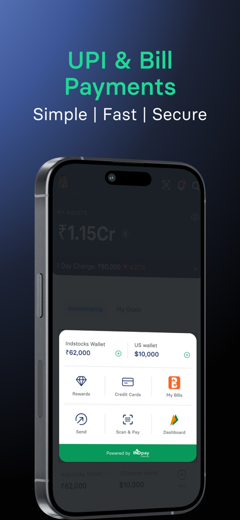 INDmoney: Stocks, Mutual Fund - INDmoneyアプリのUPIと請求書払いダッシュボードとウォレット残高を表示するスマートフォン
