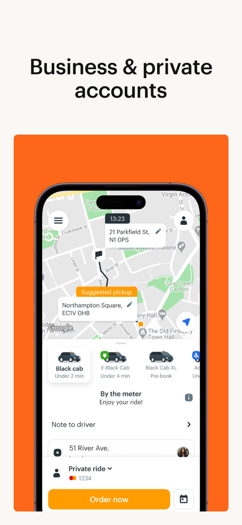 Gett app interface showing taxi booking options and map for business and private accounts.