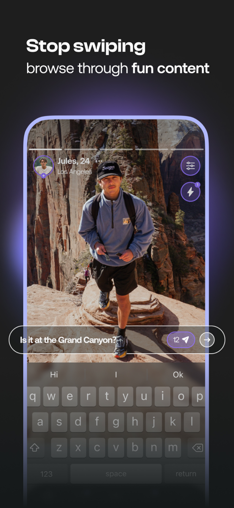Un écran de téléphone mobile montrant un profil de rencontre basé sur des histoires d'un homme de 24 ans au Grand Canyon avec un champ de chat interactif pour envoyer une réaction.
