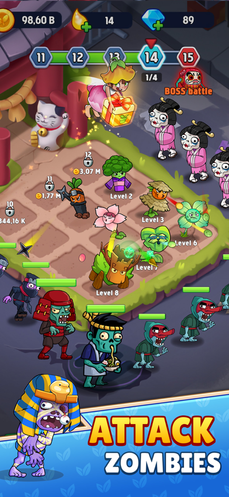 Flower zombie: City Defense - Juego de Flower Zombie City Defense mostrando héroes de plantas defendiendo contra una oleada de zombies.