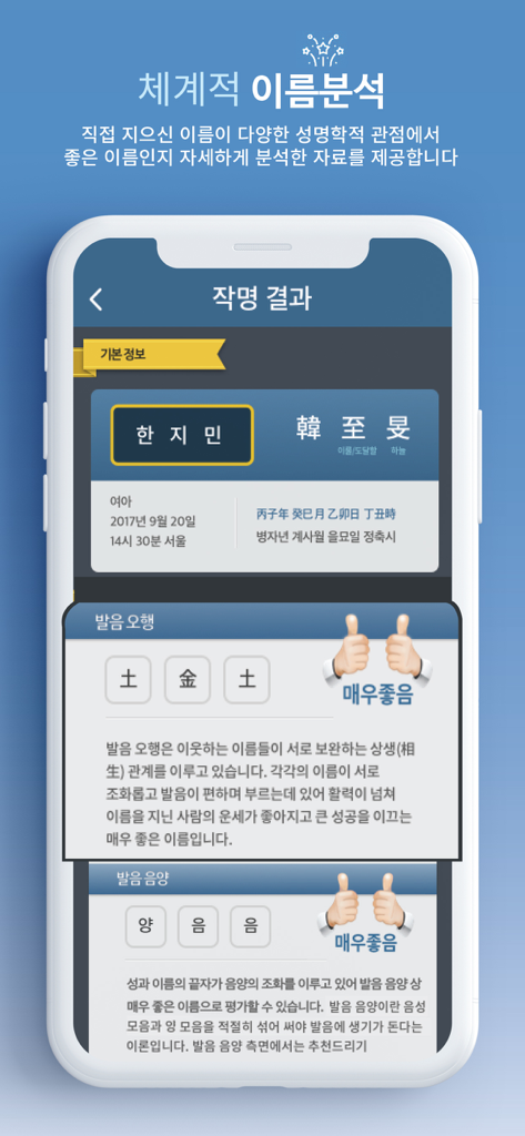 Mobile app interface showing traditional Korean name analysis results