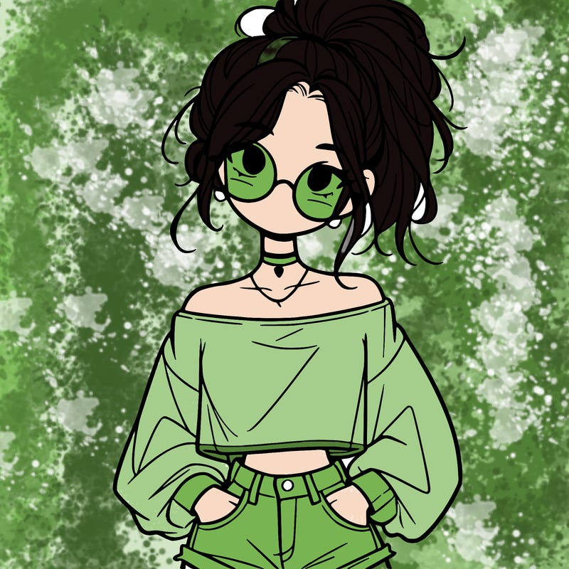 girl with a messy ponytail glasses a baggy crop top and jean shorts