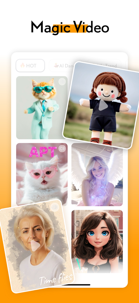 LOOX App Magic Video-Oberfläche, die verschiedene KI-Foto- und Videotransformationseffekte zeigt