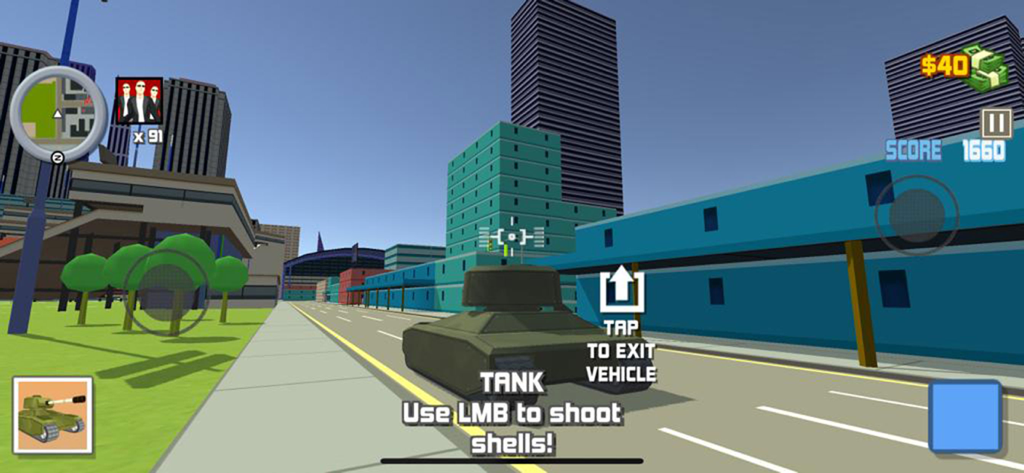 Spider Superhero Crime City - A player-controlled tank driving through a 3D city street with on-screen instructions