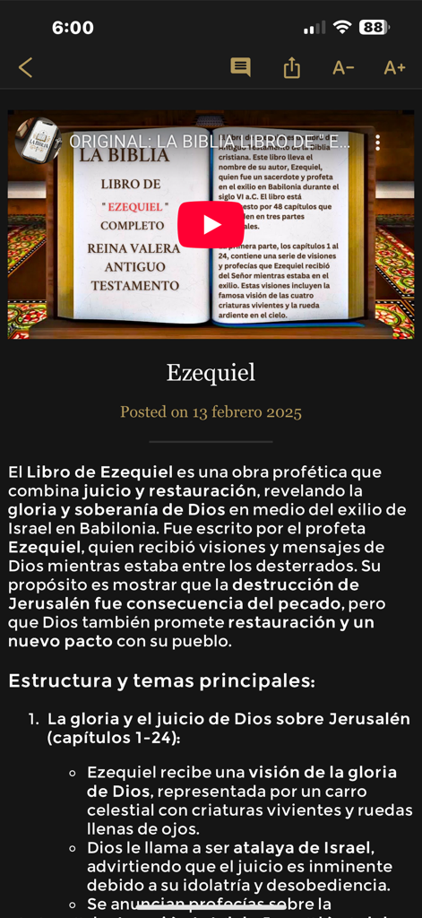 SEND LA BIBLIA - Interface of SEND LA BIBLIA app showing the Book of Ezekiel with an audio video player and Spanish text