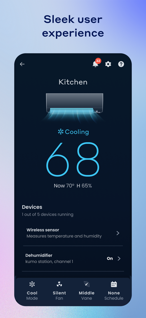 Comfort by Mitsubishi Electric app interface showing smart HVAC controls for a kitchen set to 68 degrees in cooling mode