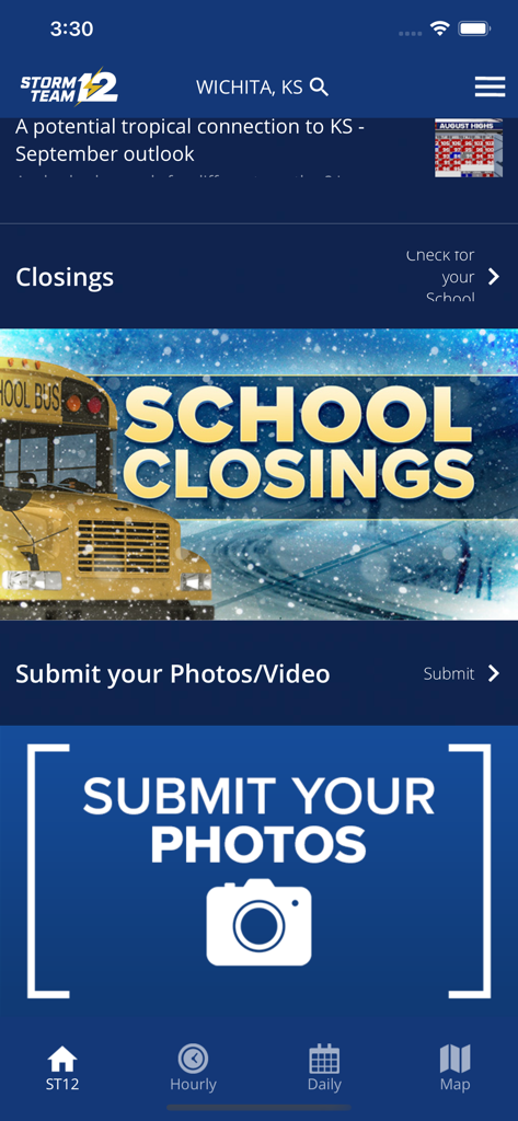 Storm Team 12 weather app interface for Wichita Kansas featuring sections for school closings and community photo submissions.