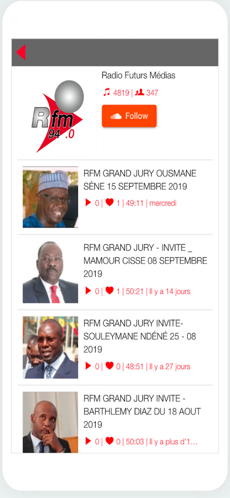 RFM Radio Senegal app interface showing a list of Grand Jury radio show podcasts with various guests