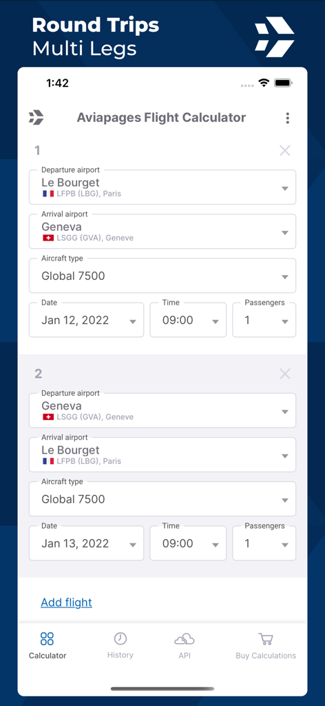Interfaccia dell'app Aviapages Flight Calculator per la pianificazione di tratte multiple andata e ritorno e tratte di volo.
