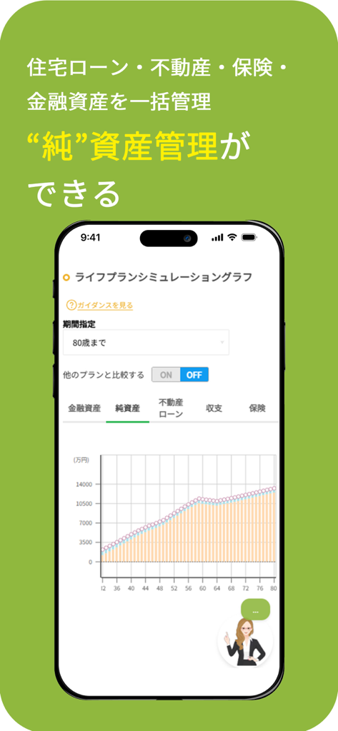 マネソル - Moneysolアプリのインターフェースには、長期的な純資産と資産管理のためのライフプランシミュレーショングラフが表示されています。
