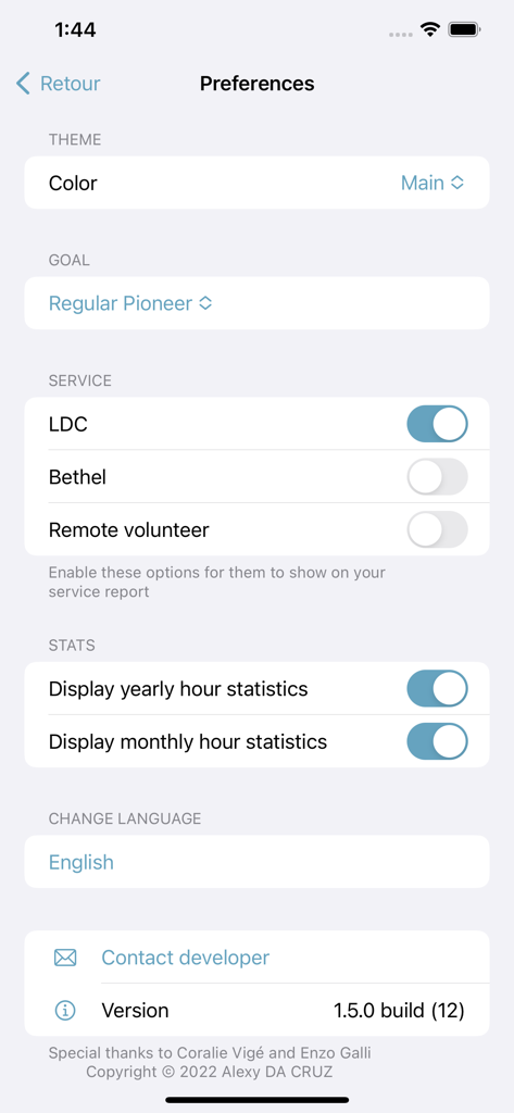 MyMinistryApp - Preferences screen of the MyMinistryApp showing settings for regular pioneer goals and service types like LDC and Bethel