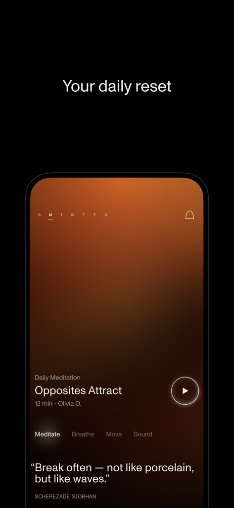 A smartphone screen showing the Open app's daily reset meditation with an orange gradient background and a motivational quote.