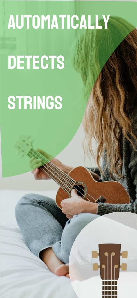 Ukulele Tuner - Simple Tuner - Une femme jouant du ukulélé avec un texte indiquant que l'application détecte automatiquement les cordes