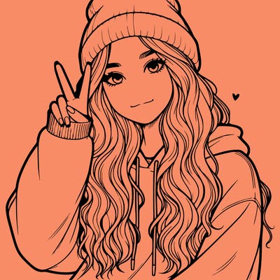 a teenage girl in a beanie, oversized sweatshirt, wavy long hair, and is showing a ✌️