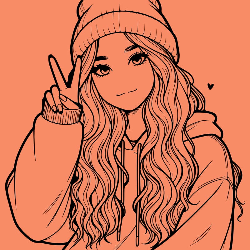 a teenage girl in a beanie, oversized sweatshirt, wavy long hair, and is showing a ✌️