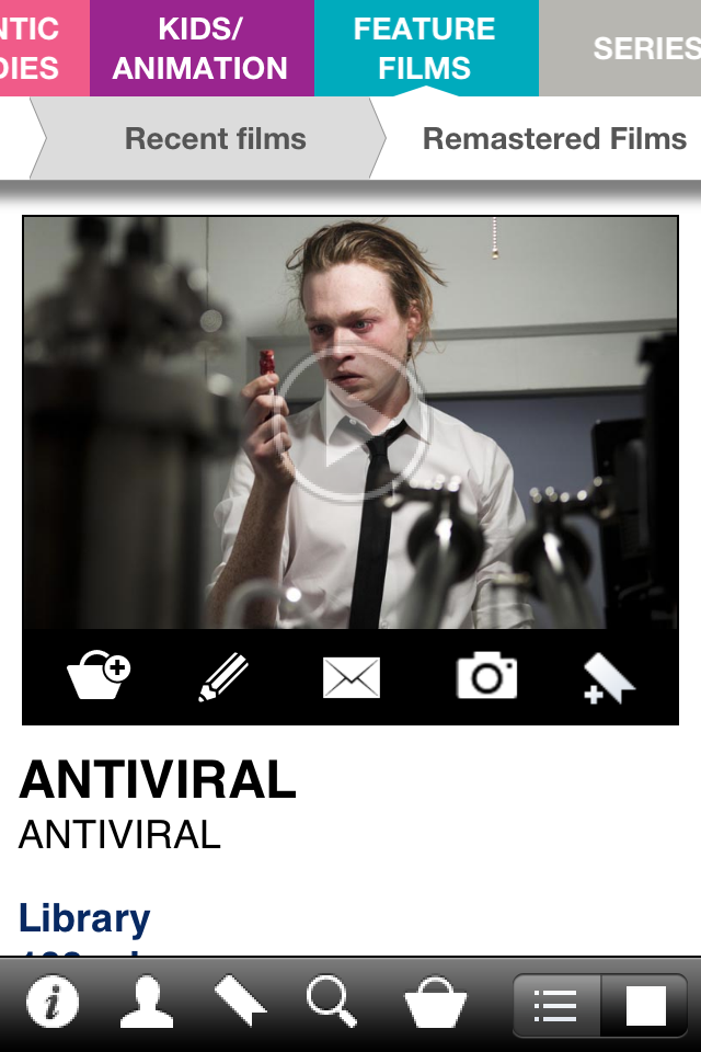 TF1 International - Interfaz de la aplicación TF1 International mostrando la entrada del catálogo de la película Antiviral con reproductor de video y herramientas de negocio