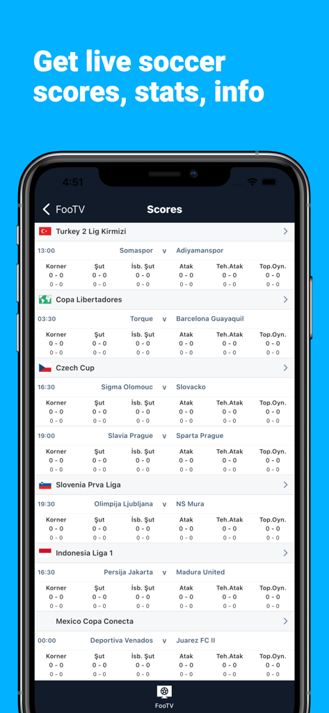 Interfaccia app mobile che visualizza risultati di calcio in diretta e statistiche delle partite per leghe globali